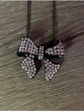 Crystal Bow Pendant Necklace - Black with Clear Crystals